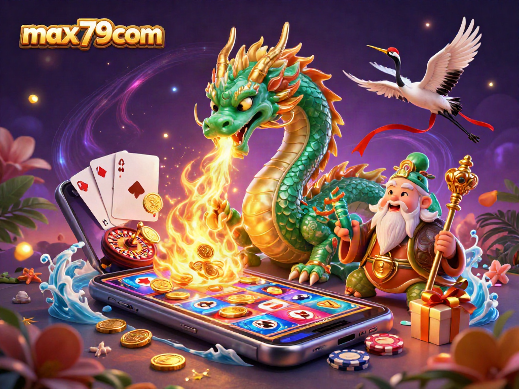 Experience the magic of max79com with a vibrant 3D illustration of a jade dragon and slot game elements.
