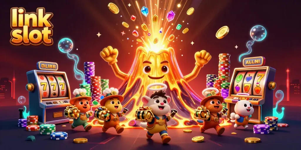 Enjoy an exhilarating experience with the link slot as the golden volcano erupts coins in this vibrant casino scene.
