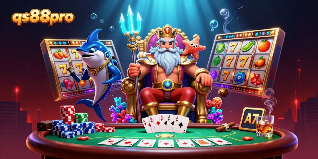 Engage with qs88pro's dynamic online casino world featuring slot reels, poker chips, and vibrant characters.