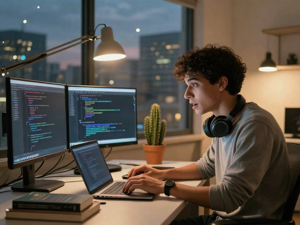 Dynamic workspace with developer engaged in nsfw ai chat, showcasing AI technology interaction.
