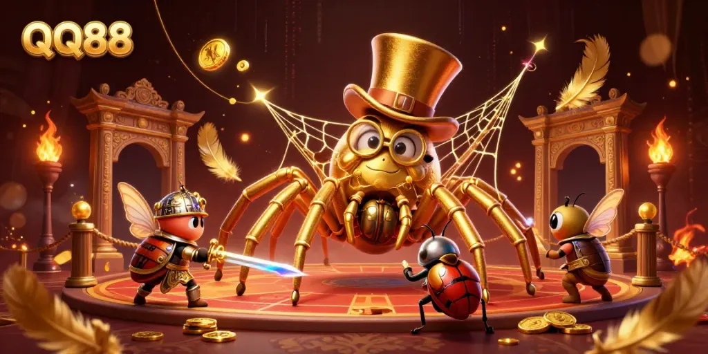 Experience thrilling moments at QQ88 with dynamic 3D casino illustration featuring a golden tarantula and a brave beetle knight.