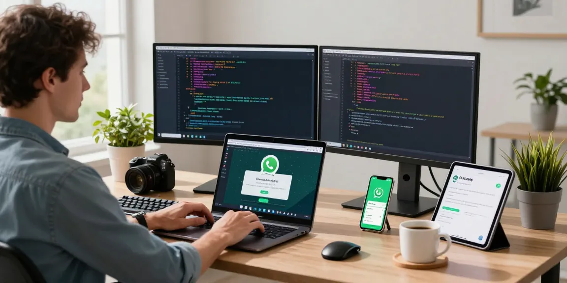 WhatsApp下載 on a modern workspace setup, laptop displaying app interface, tech accessories, vibrant environment.