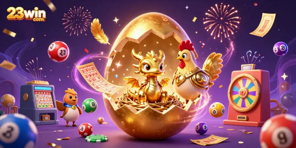 Experience the vibrant gaming world of 23win com with a magical golden dragon and dynamic casino elements.