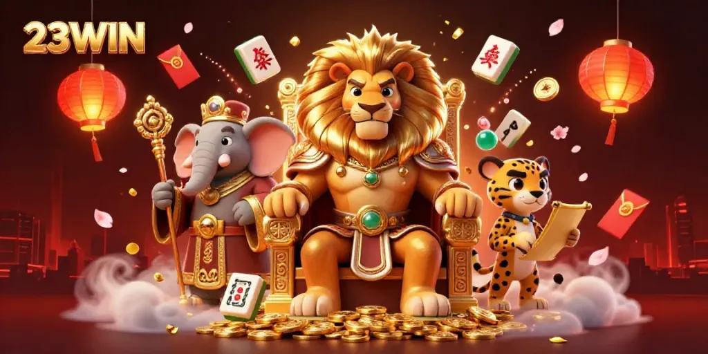 Engage with 23WIN's vibrant casino scene featuring a lion king, elephant advisor, and cheetah messenger.