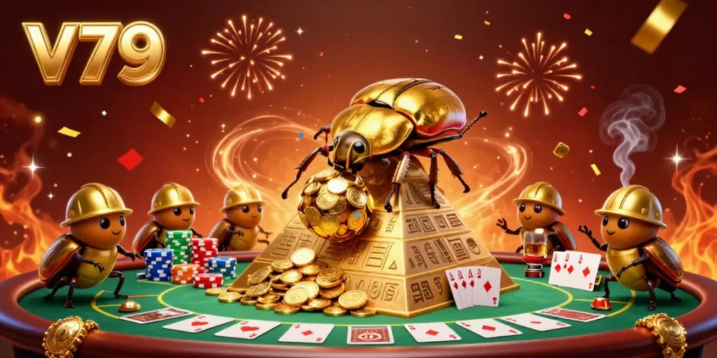 Experience thrilling gameplay at v79 with golden beetles and a vibrant casino display.