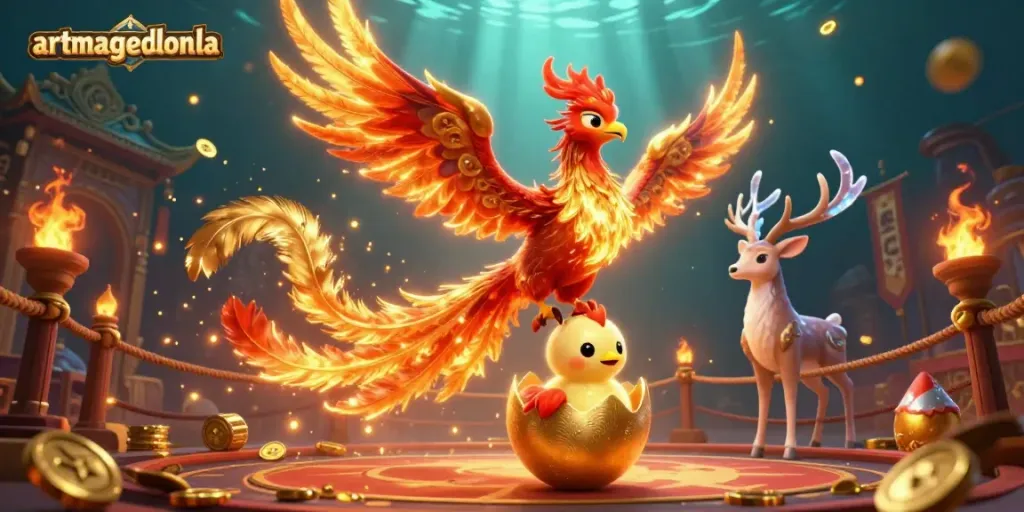 Experience action and excitement at artmageddonla with phoenix themes, vibrant gambling elements, and rich details.