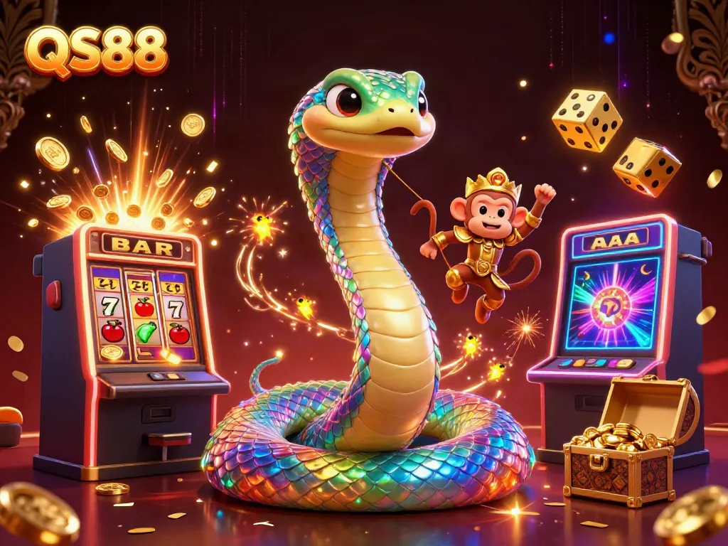 Spin the reels and win big with QS88, featuring a colorful jackpot explosion and whimsical characters.