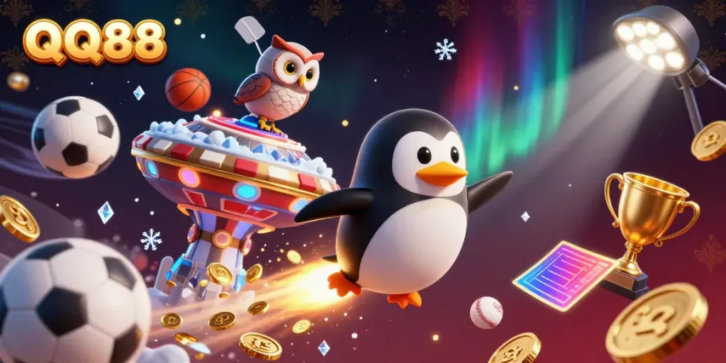 Experience the thrill of QQ88 with a golden penguin and casino elements in this vibrant 3D illustration.
