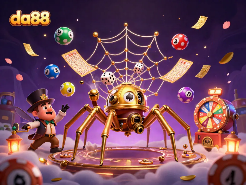 Engage with da88's thrilling casino experience, showcasing an intricate steampunk spider web and lively elements.