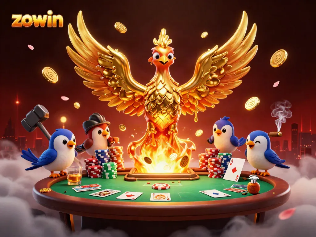 Zowin's golden phoenix symbolically brings fortune at an exciting poker table.