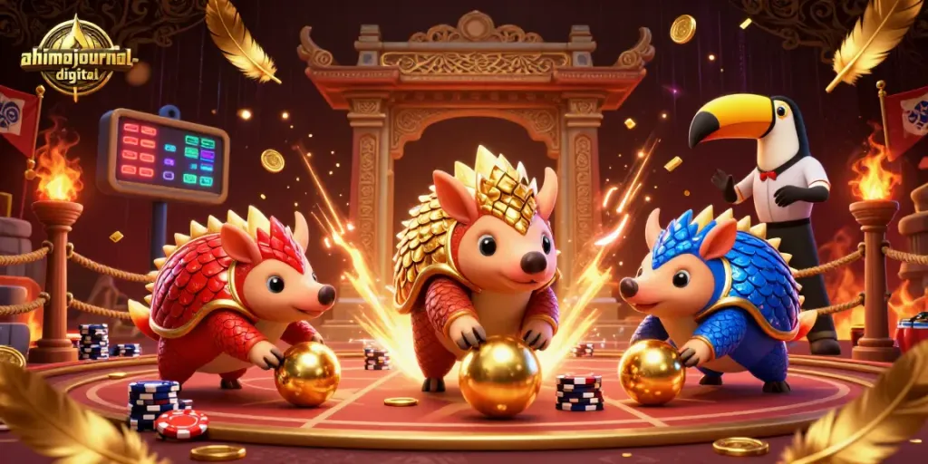 Engage with ahimajournal-digital as rival pangolins battle in a vibrant casino-themed illustration