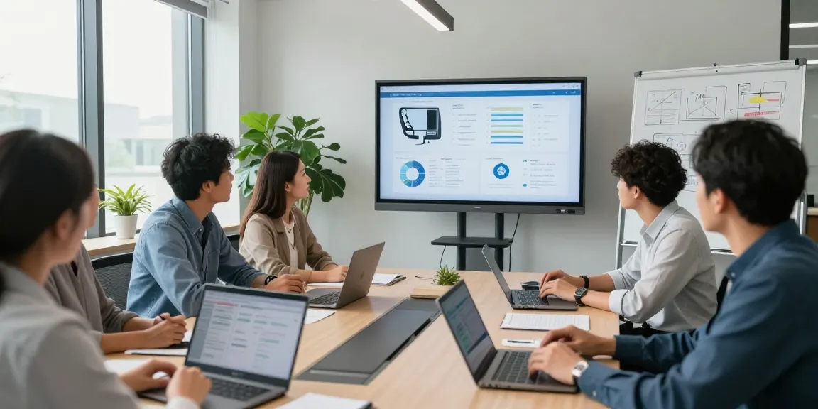 Team discussing office phone systems solutions in a modern conference room setup.