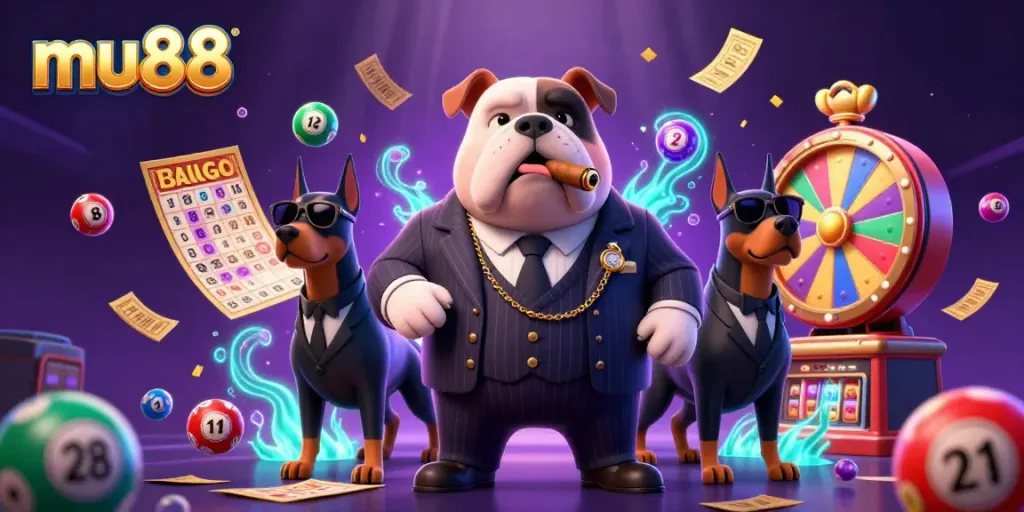 Engage with mu88's thrilling casino world featuring a mafia bulldog and luxury game elements.