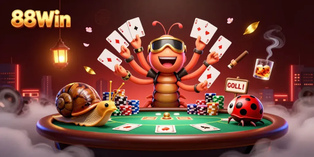 Join the excitement at 88Win with a vibrant 3D casino scene of cards and chips.