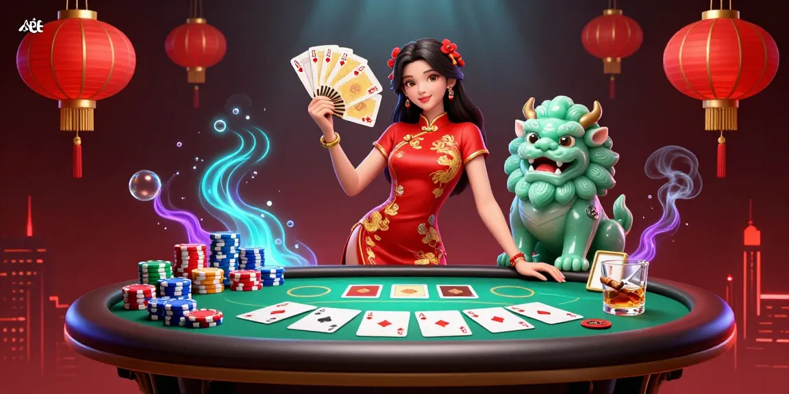 Experience thrilling gambling with the vibrant 8eee platform showcasing cards and a jade lion guardian.