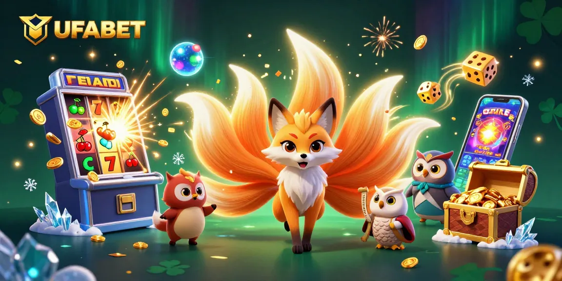 Experience the thrilling UFABET online casino with a dynamic scene full of vibrant gaming elements and characters.