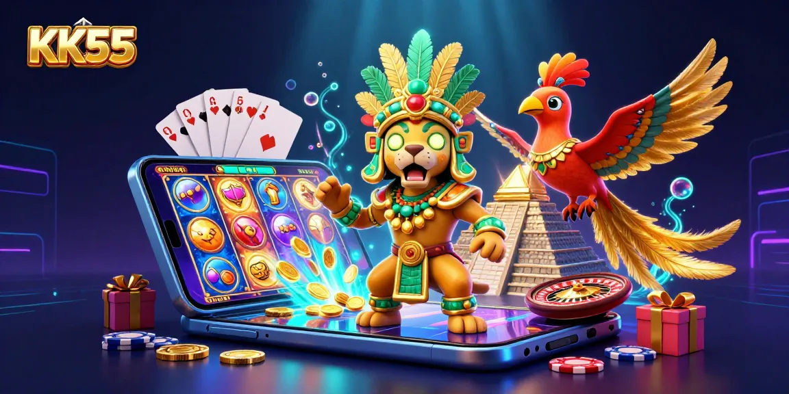 Experience winning at KK55 with a vibrant 3D casino scene filled with gaming excitement and allure.