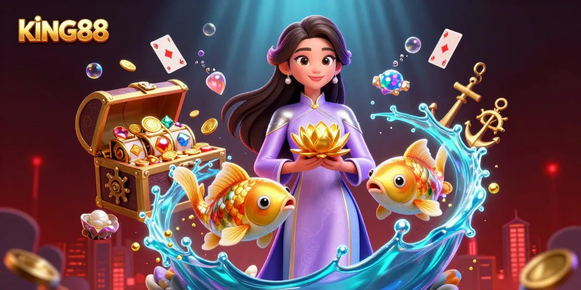 Win big with kING88 featured in a vibrant casino underwater scene full of treasures and energy.