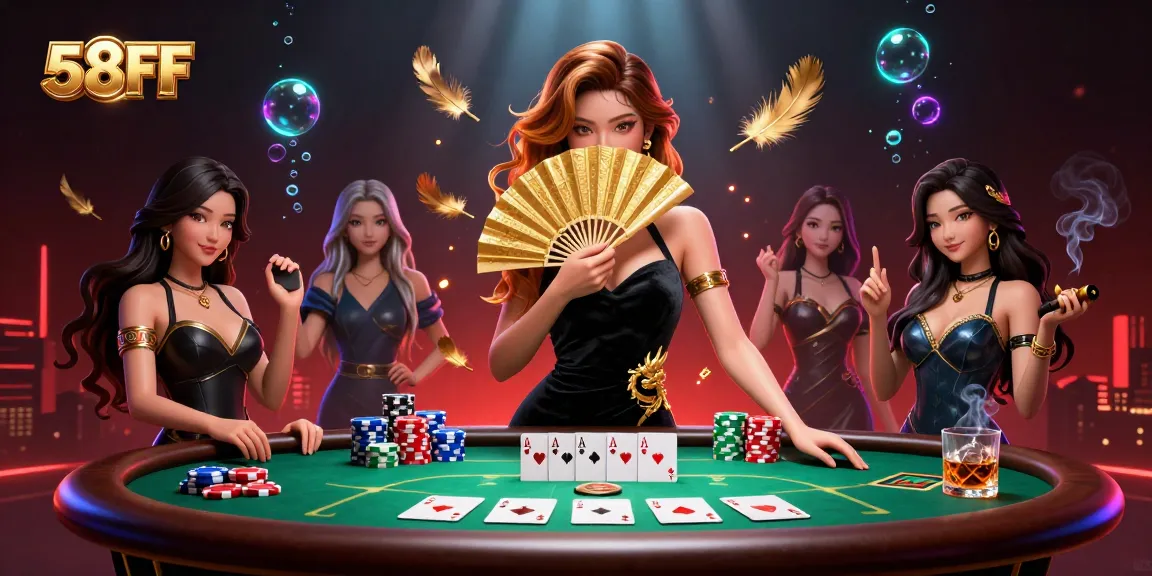 Experience thrilling poker gameplay at 58FF with a stunning 3D illustration featuring vibrant elements.