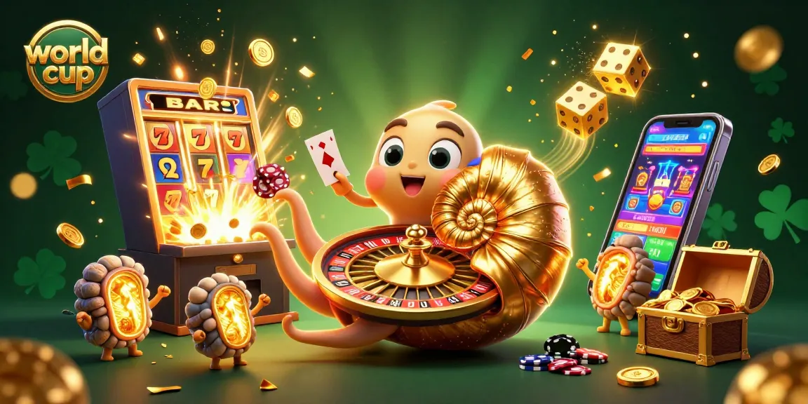 Experience thrilling world cup action as the ancient nautilus spins its roulette shell, surrounded by vibrant casino elements.