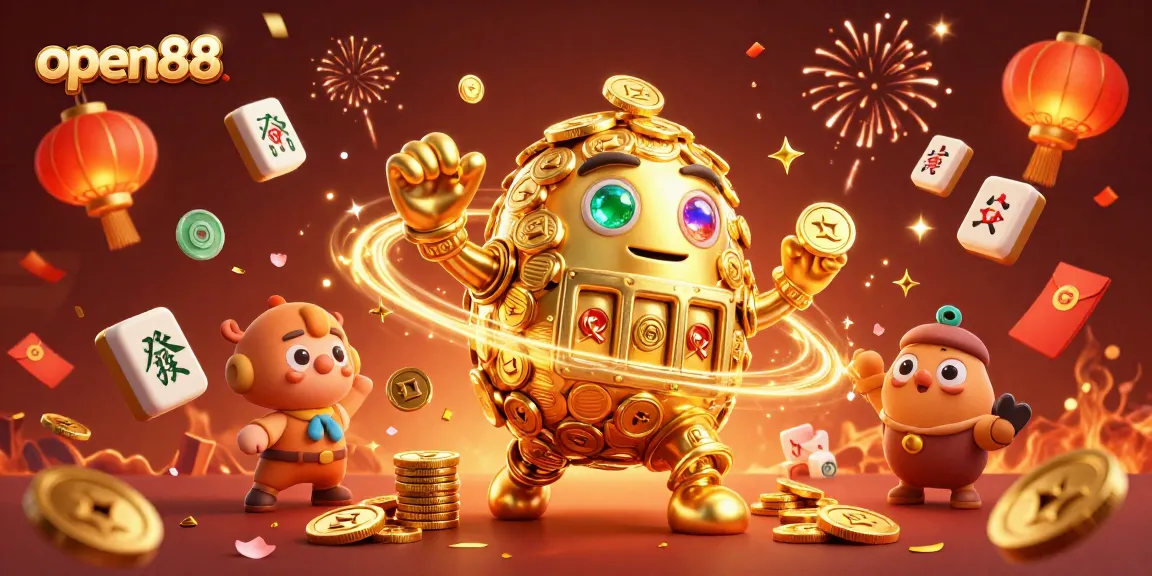 Experience excitement with open88's dynamic casino illustration featuring a golden golem and vibrant game elements.