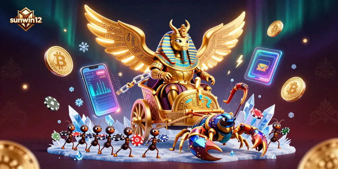 Engage with sunwin12's vibrant casino scene featuring a golden scarab hero and glowing crypto elements.