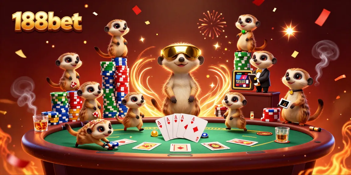 Experience the excitement of 188bet with meerkats in a lively casino scene, showcasing vibrant games and dynamic energy.