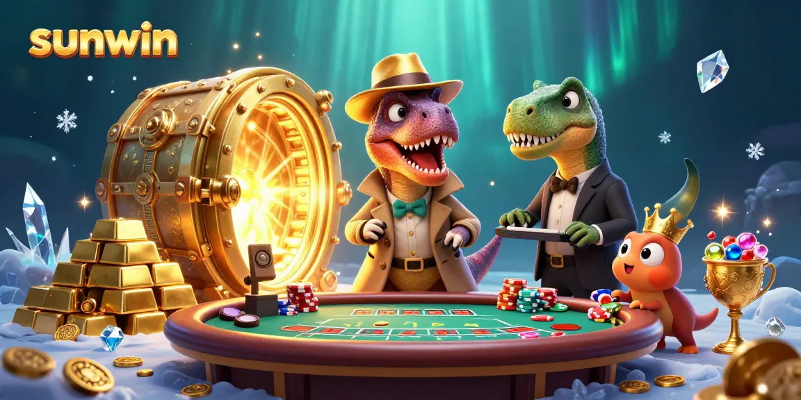 Engage in thrilling card games at Sunwin's lively casino with cartoon dinosaurs and golden treasures.