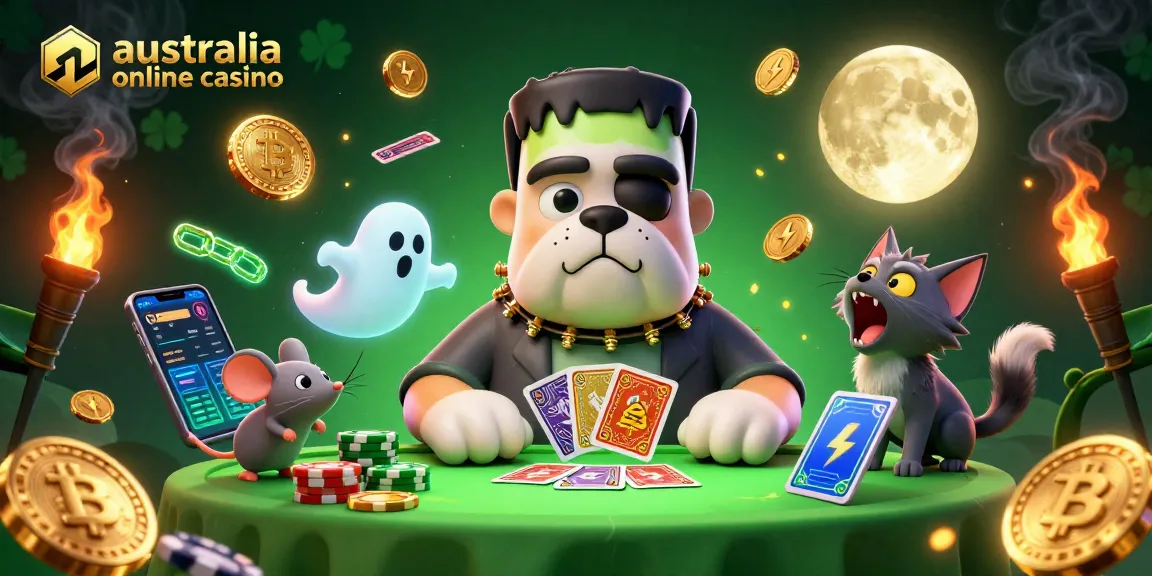 Engage at australia online casino as a cartoon bulldog deals cards surrounded by crypto coins and ghostly elements.