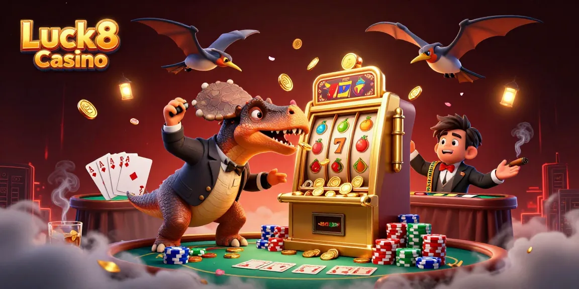 Luck8 Casino jackpot scene with dinosaur characters and vibrant gaming elements amidst gold coins