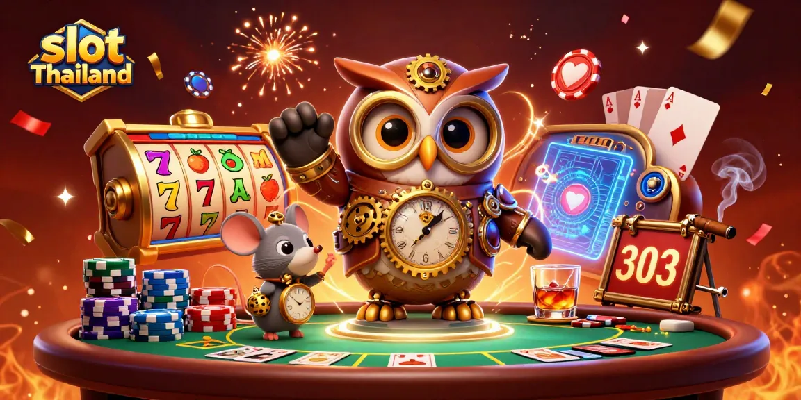 Mainkan slot Thailand dengan simbol ceria yang dikelilingi oleh karakter kasino menarik.