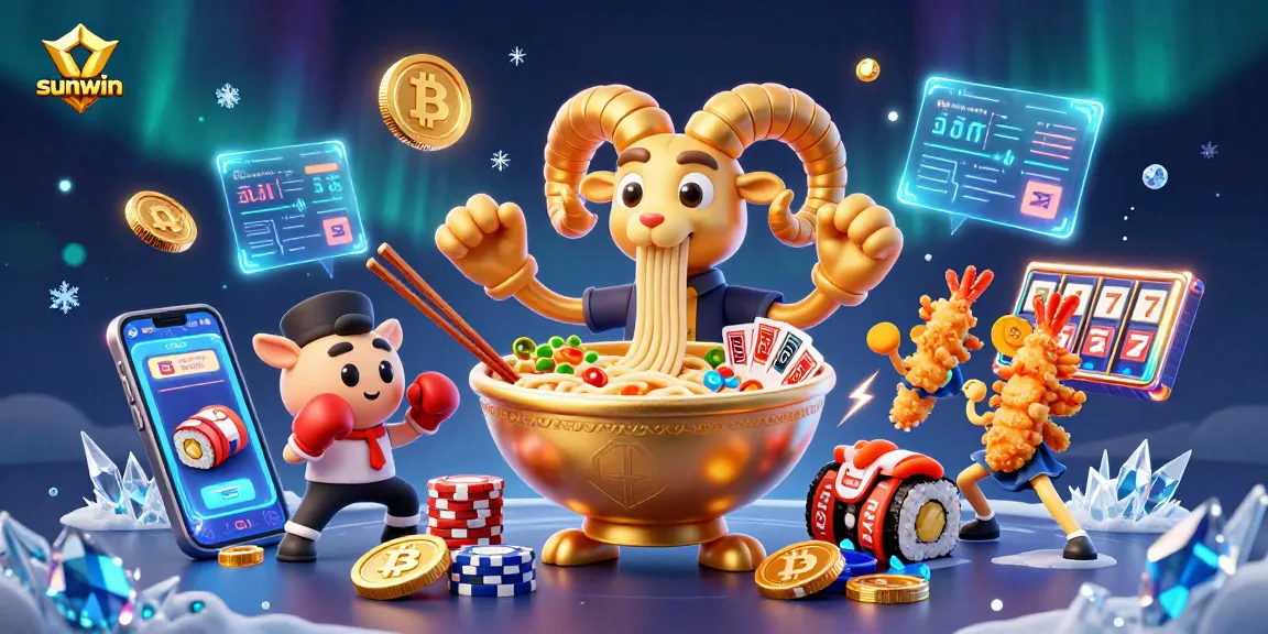 Engaging sunwin casino scene with a giant ramen bowl dealer, vibrant gaming elements, and exciting action.