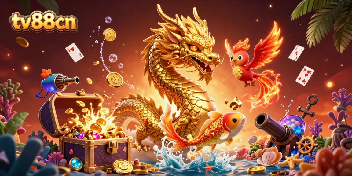Experience winning at tv88cn with a dynamic scene of a dragon, phoenix, and koi fish amidst a treasure-filled backdrop.