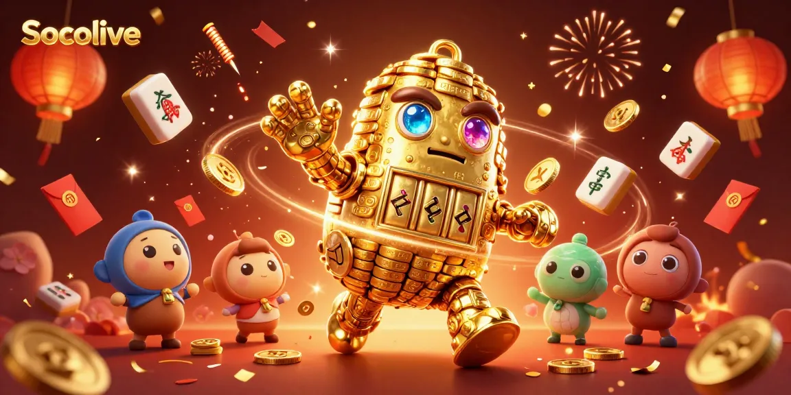 Socolive offers a lively gaming experience with a golden golem and festive elements highlighting casino fun.