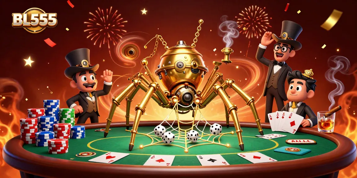 Engage with BL555's captivating steampunk-themed casino scene, featuring exciting poker elements.