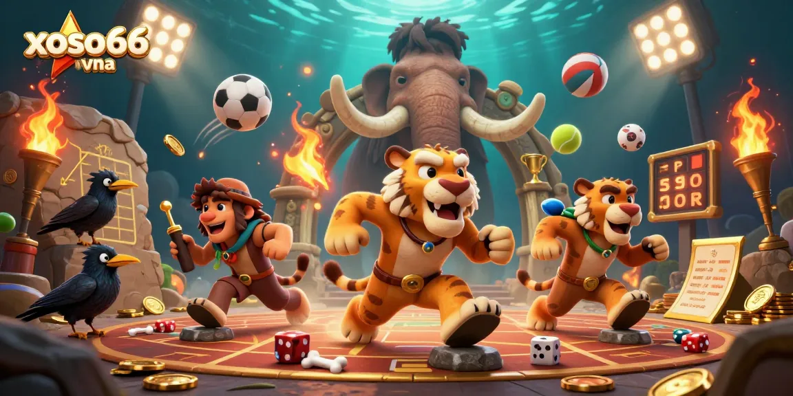 xoso66vna presents thrilling prehistoric casino action with cartoon characters and vibrant gambling elements.