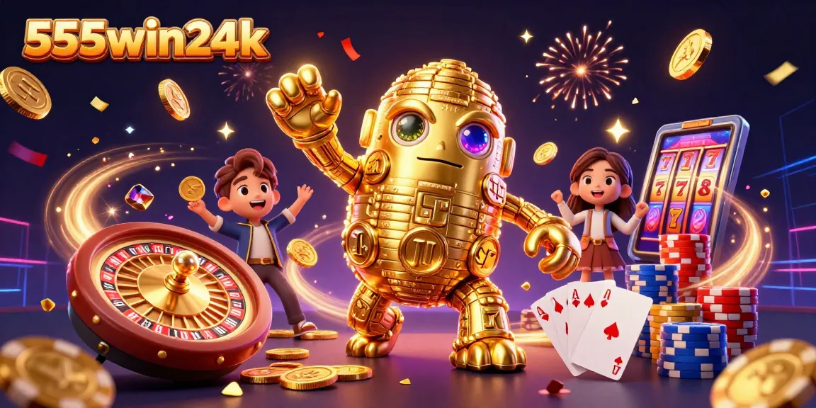 Engage with 555win24k's exciting casino experience featuring dynamic gold golem, spinning roulette, and slot machine action.