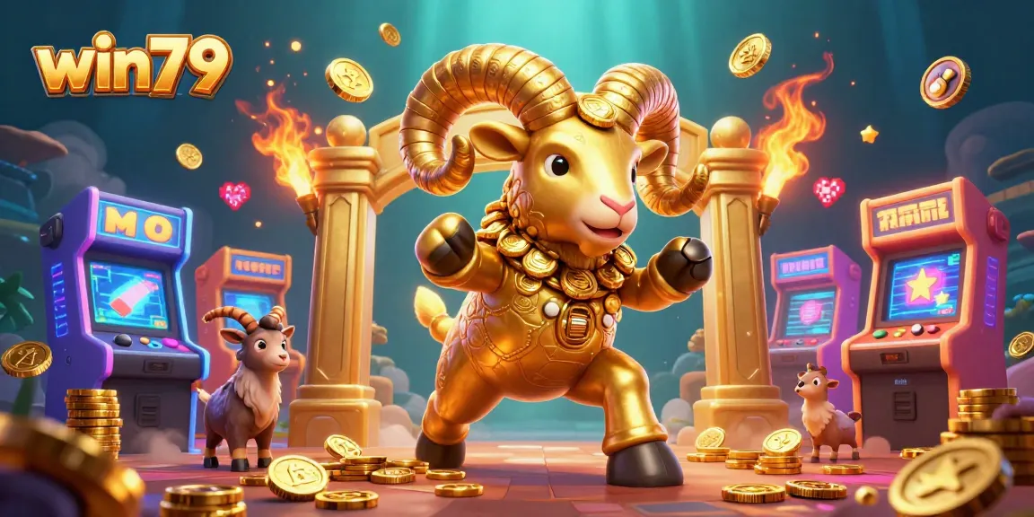 Experience the excitement of win79 with a golden ram charging through a vibrant casino scene.