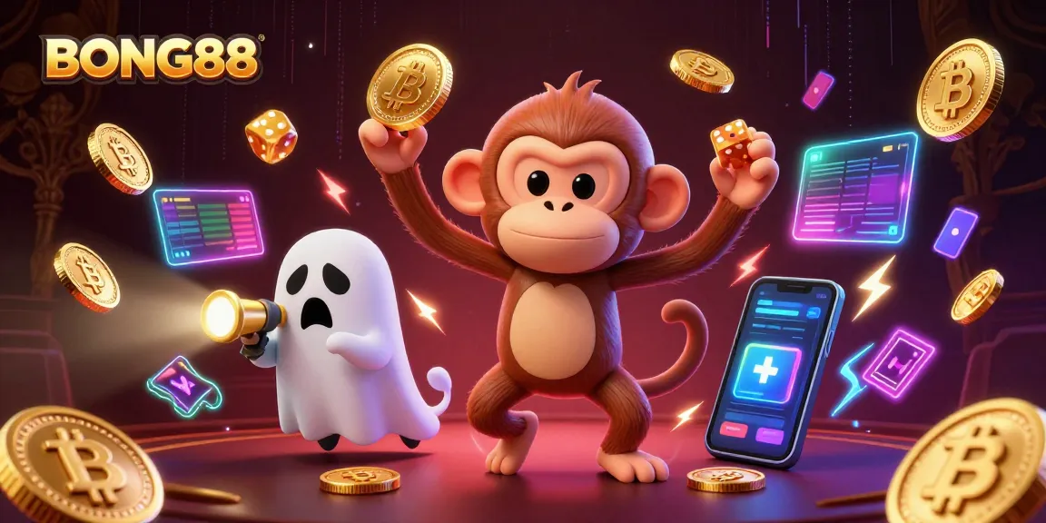 BONG88 casino scene with a poltergeist monkey juggling gold while a cautious puppy tracks it in a haunted setting.