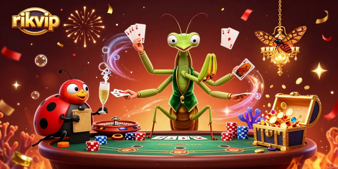 Experience the thrill of rikvip as the mantis card sharp deals cards and chips in a vibrant casino scene.