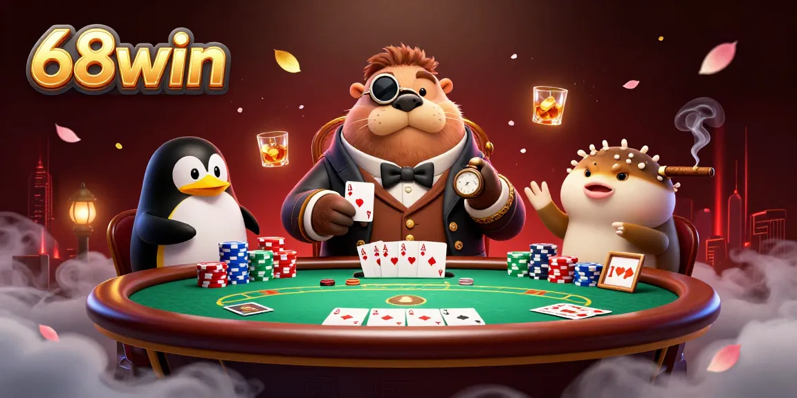 68win casino illustration with a walrus at a poker table, showcasing vibrant gaming action.