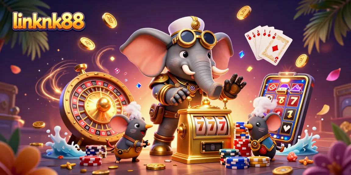 Spin and win with linknk88 as a steampunk elephant operates a golden slot machine in a vibrant casino