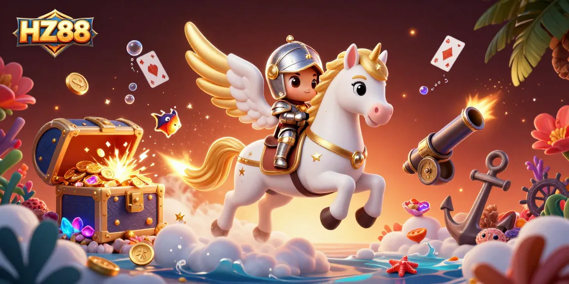 Engage with HZ88's thrilling casino adventures against a vibrant backdrop full of treasure and game elements.