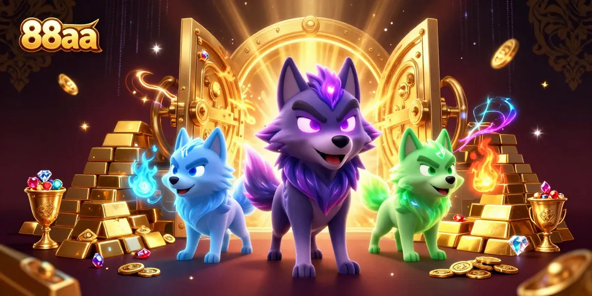 Experience wins at 88aa with the captivating shadow wolf and treasure-filled casino scene.