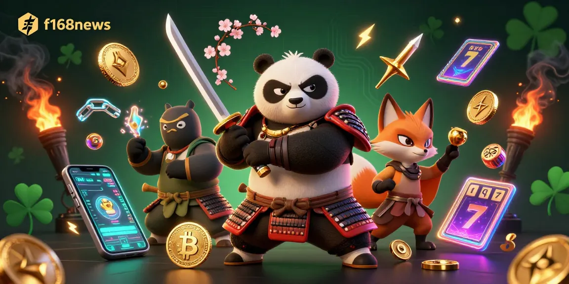 Engage with f168news through vibrant 3D casino illustration featuring samurai panda and crypto elements.