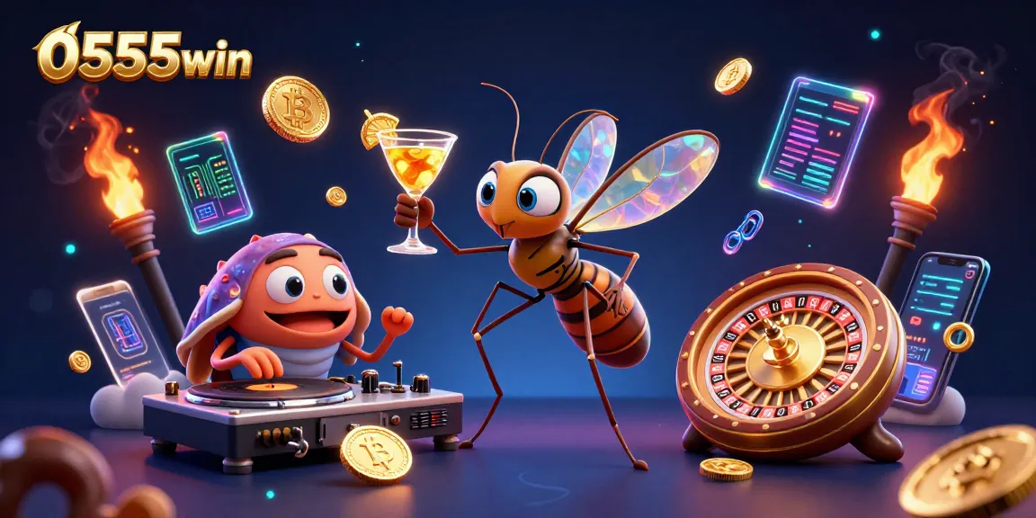 Experience thrilling gameplay with 0555win's 3D casino mascot amidst stunning visuals and crypto elements.