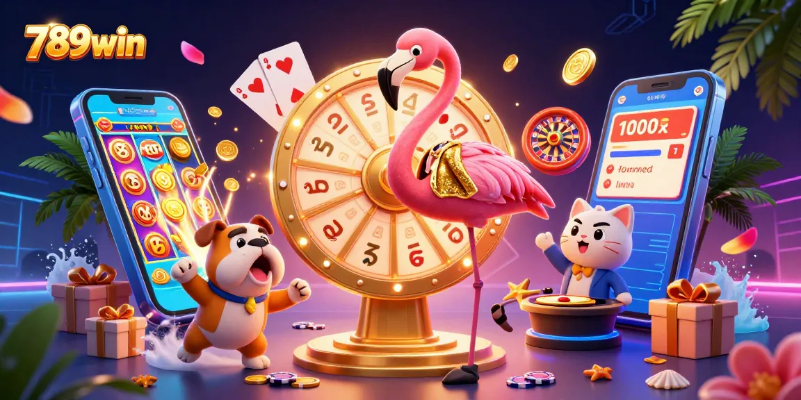 Engaging scene of 789win casino excitement with a flamingo host, bulldog contestant, and prizes revealed.