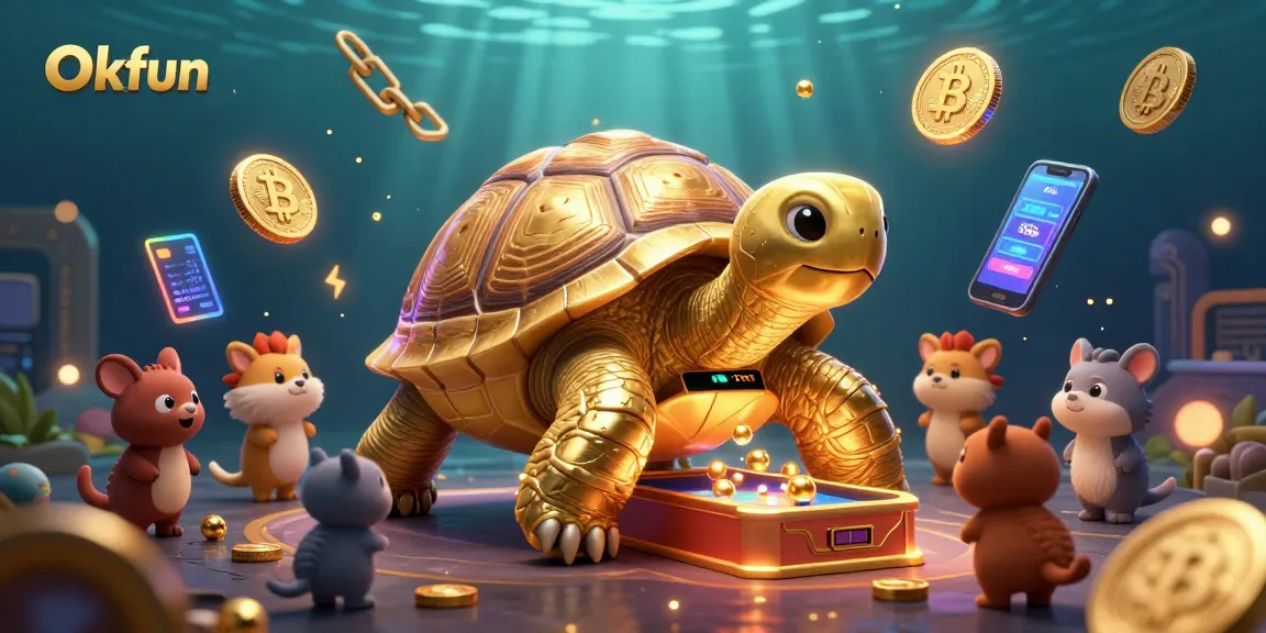Experience the excitement of Okfun with golden tortoises playing pinball amid crypto coins and vibrant visuals.
