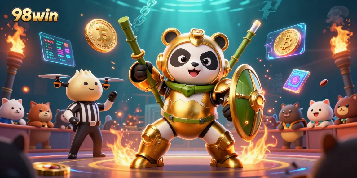 Engage in thrilling gameplay with 98win, showcasing a golden panda in a mech-suit in a lively arena.