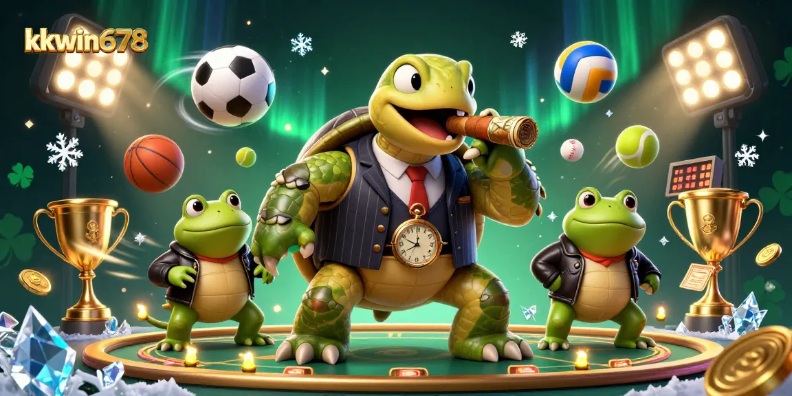 Engage with the dynamic kkwin678 gaming scene featuring a turtle mobster and bullfrog enforcers.